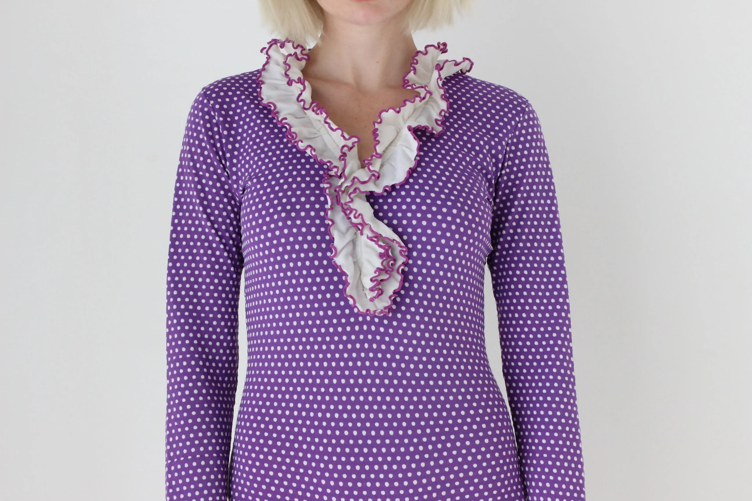 70s Stretch Polkadot Nylon   Ruffle Leotard Bodysuit