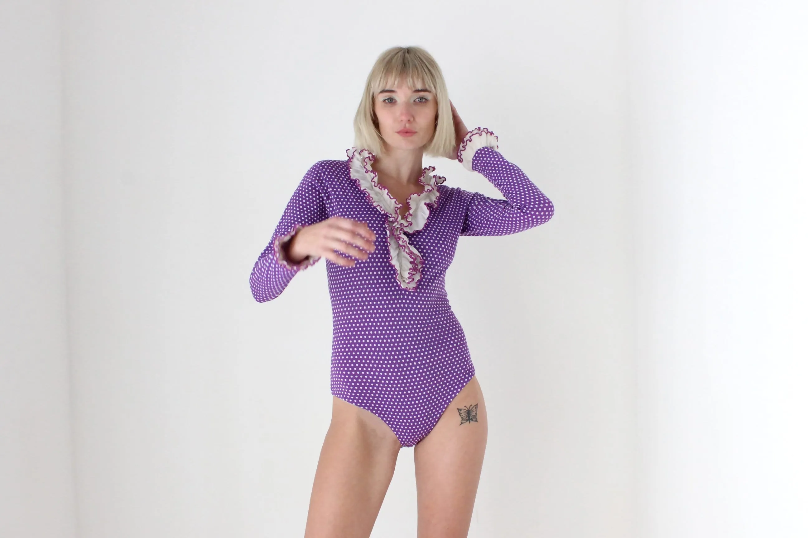 70s Stretch Polkadot Nylon   Ruffle Leotard Bodysuit