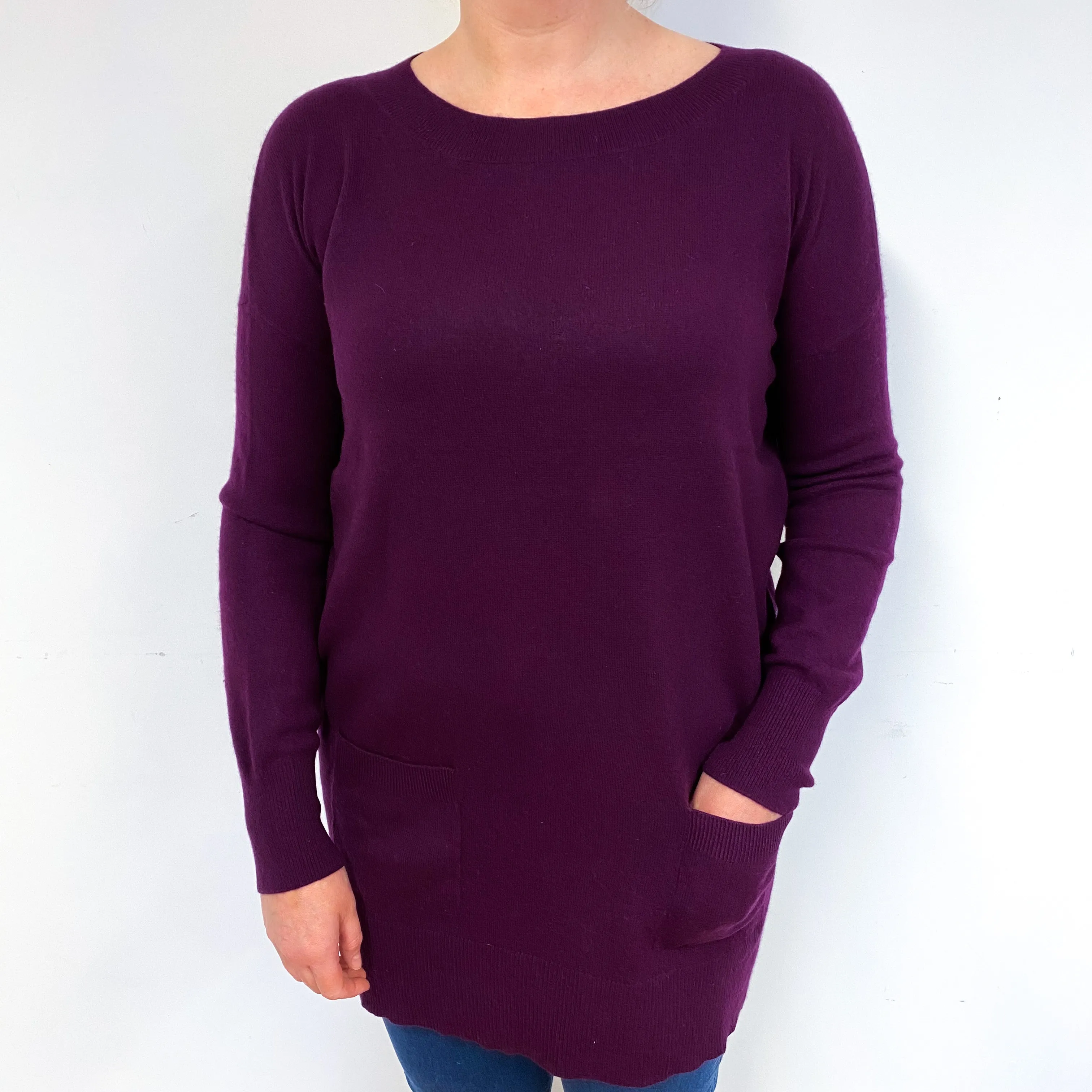 Aubergine Purple Cashmere Crew Neck Tunic Jumper Large