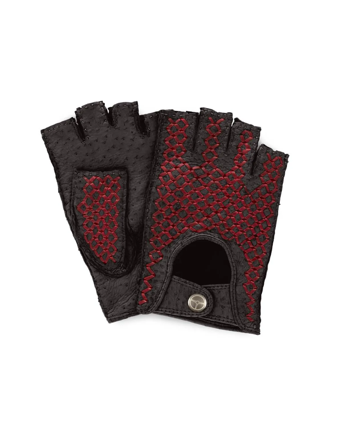 BESPOKE - Fingerless Peccary Leather Driving Gloves - Black/Red