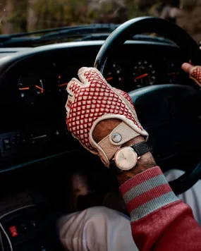 BESPOKE - Fingerless Peccary Leather Driving Gloves - Ivory/Red
