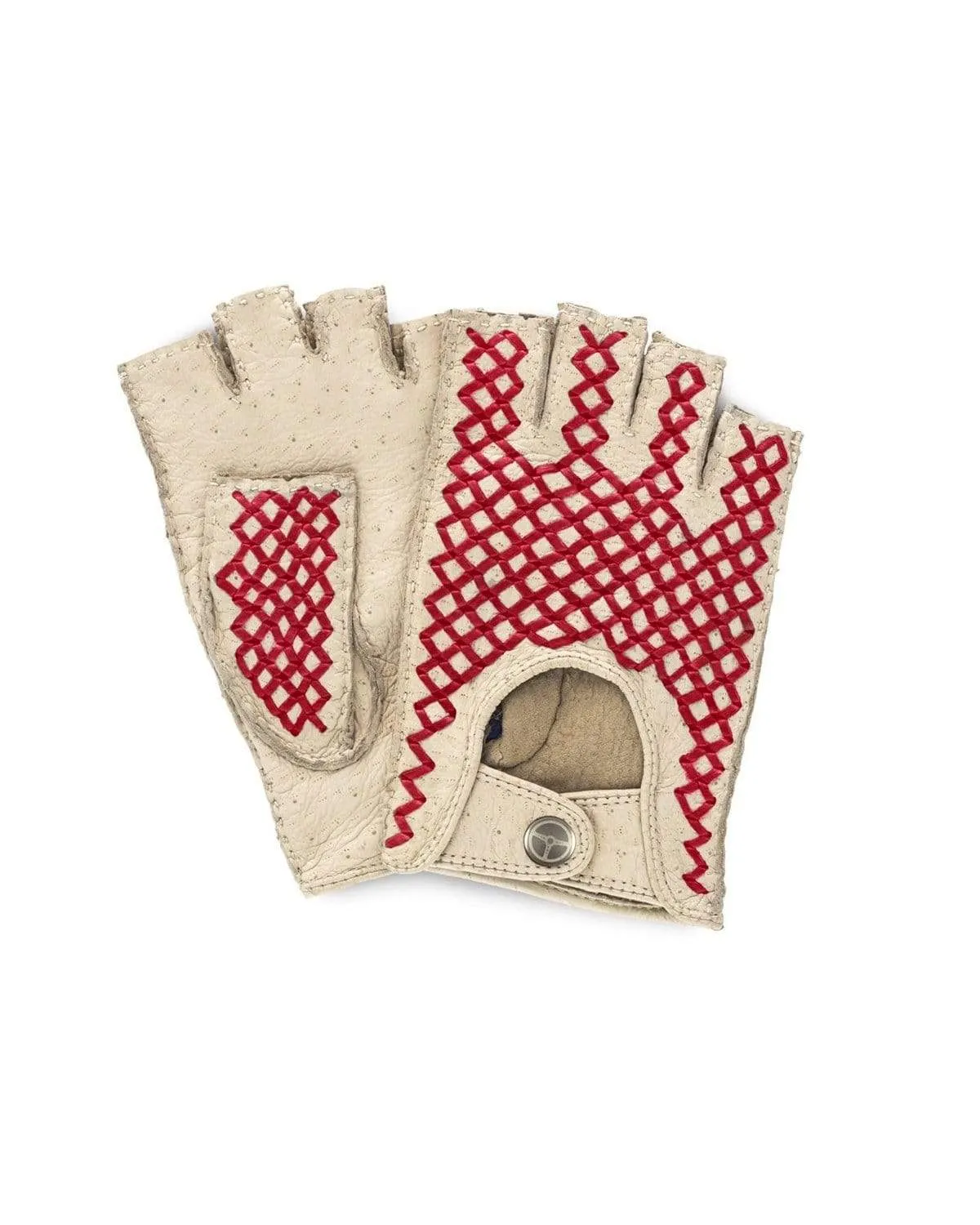 BESPOKE - Fingerless Peccary Leather Driving Gloves - Ivory/Red