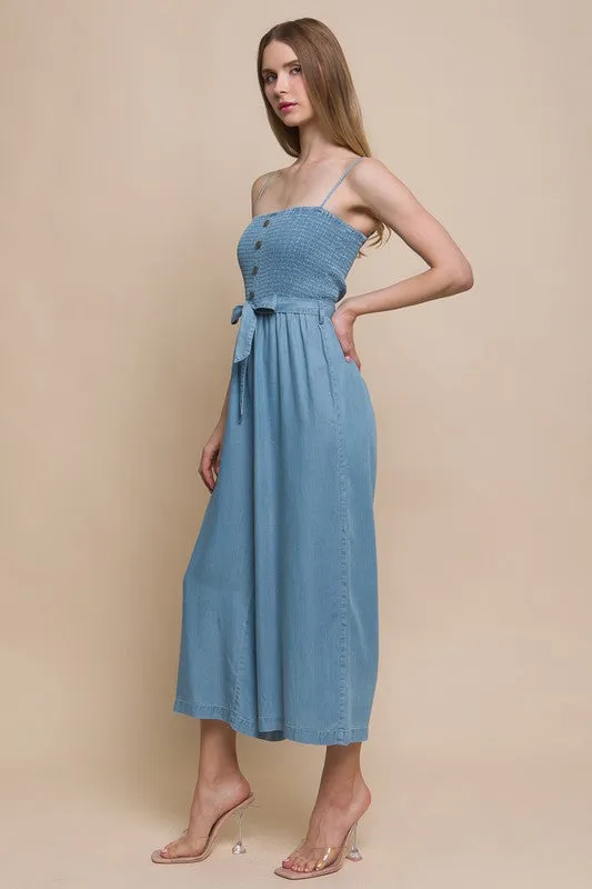 Blue Woven Solid Cami Smocked Jumpsuit