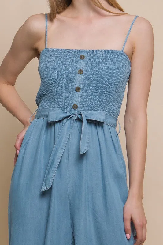 Blue Woven Solid Cami Smocked Jumpsuit