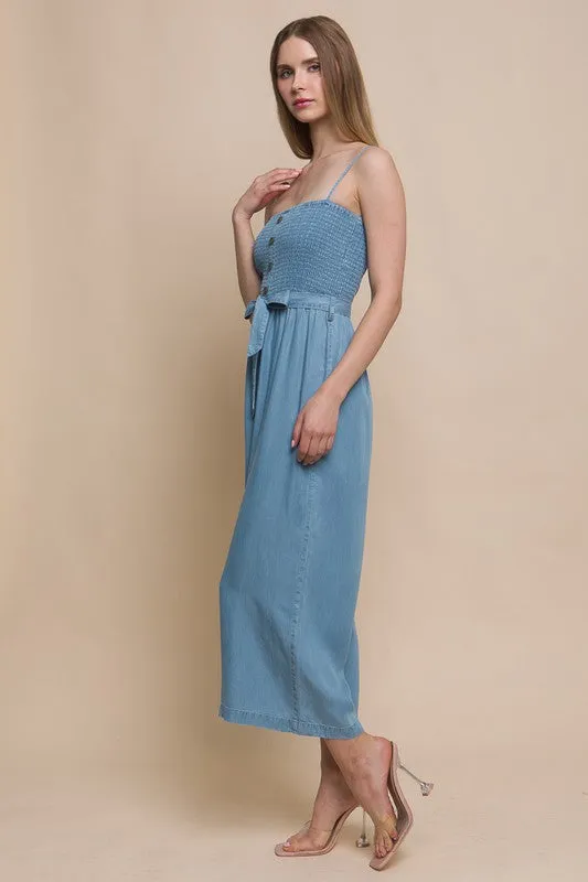 Blue Woven Solid Cami Smocked Jumpsuit