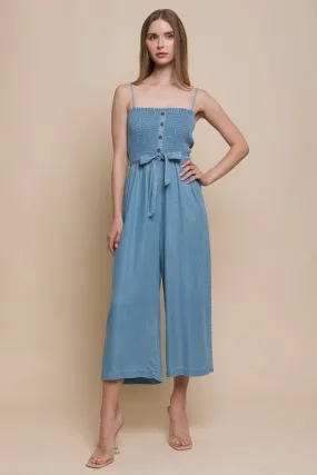 Blue Woven Solid Cami Smocked Jumpsuit