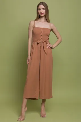 Brown Woven Solid Cami Smocked Jumpsuit