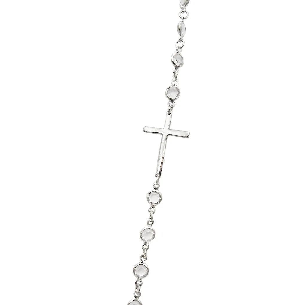 Crystal Link with Inspirational Religious Sideways Cross Necklace and Earrings Set, 36" 3" Extender (Clear Crystal Silver Tone)