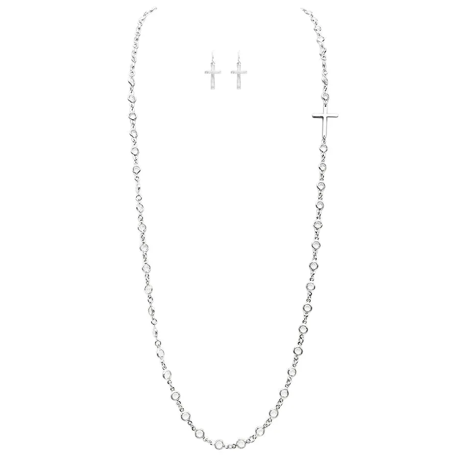 Crystal Link with Inspirational Religious Sideways Cross Necklace and Earrings Set, 36" 3" Extender (Clear Crystal Silver Tone)