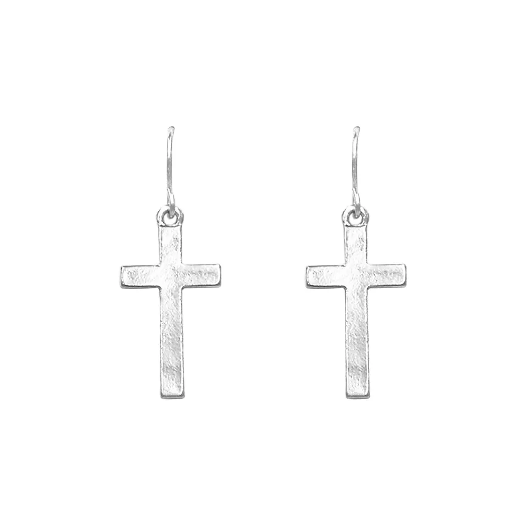 Crystal Link with Inspirational Religious Sideways Cross Necklace and Earrings Set, 36" 3" Extender (Clear Crystal Silver Tone)