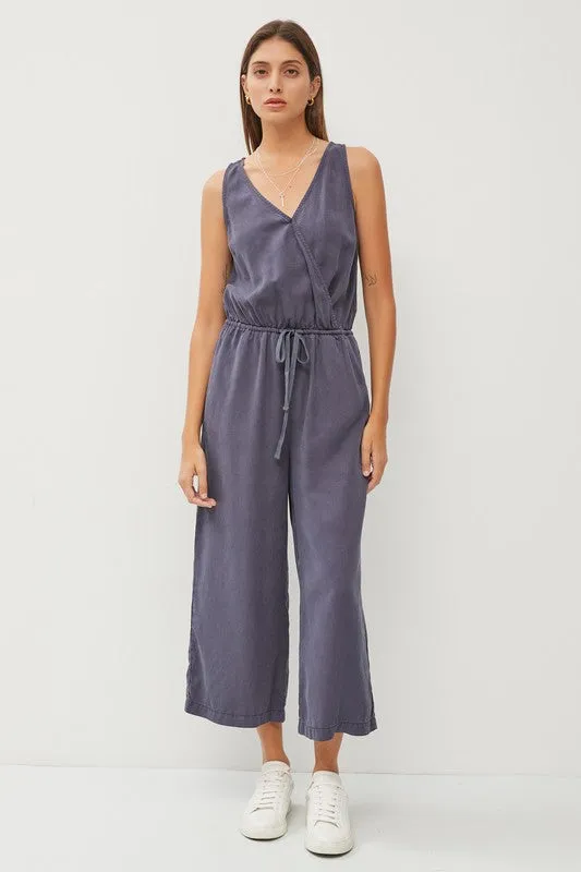 Dk.Slate Blue Tencel Wrap Drawstring Jumpsuit
