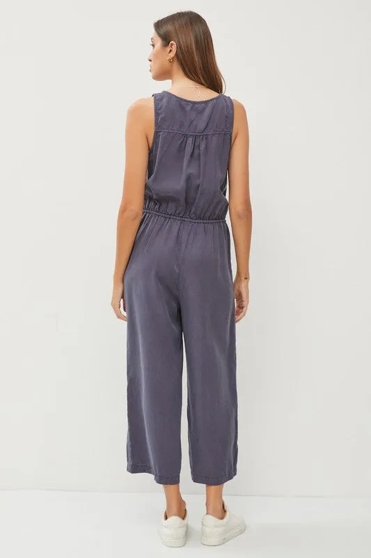 Dk.Slate Blue Tencel Wrap Drawstring Jumpsuit
