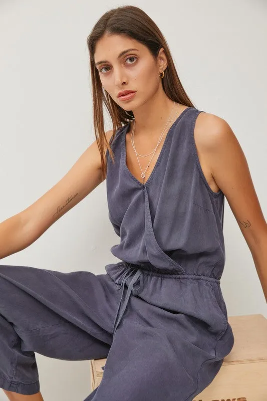 Dk.Slate Blue Tencel Wrap Drawstring Jumpsuit