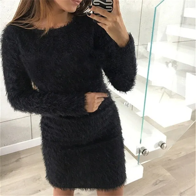 Fashion Winter Plush sweater Dress Women Party night Bodycon Christmas Black clothing Sexy Mini bandage knitted Dress For Female
