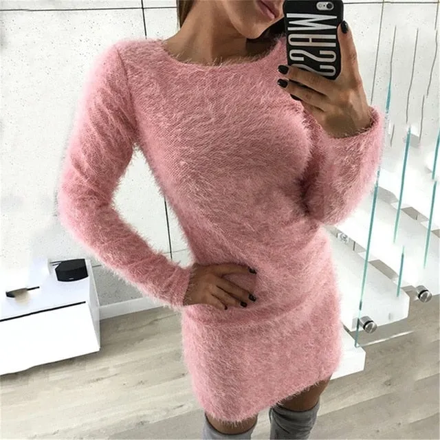 Fashion Winter Plush sweater Dress Women Party night Bodycon Christmas Black clothing Sexy Mini bandage knitted Dress For Female