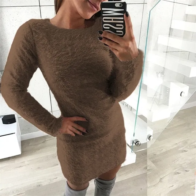 Fashion Winter Plush sweater Dress Women Party night Bodycon Christmas Black clothing Sexy Mini bandage knitted Dress For Female