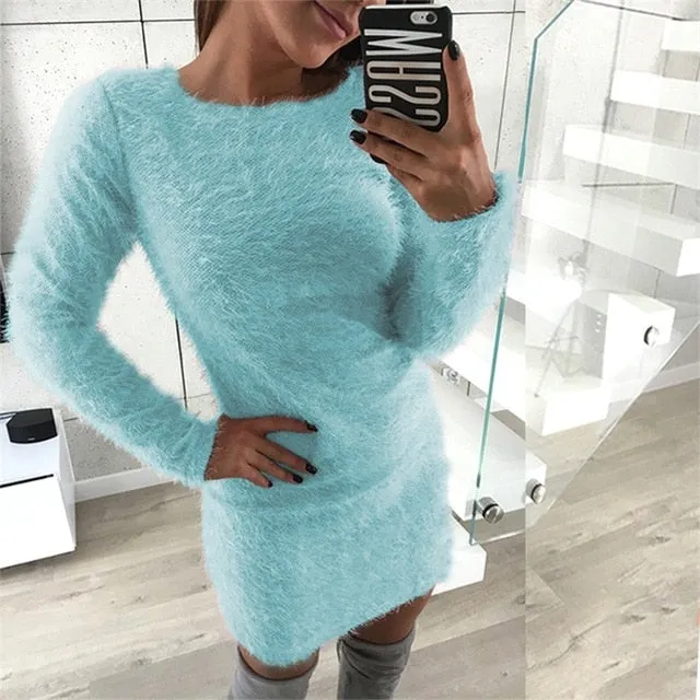 Fashion Winter Plush sweater Dress Women Party night Bodycon Christmas Black clothing Sexy Mini bandage knitted Dress For Female