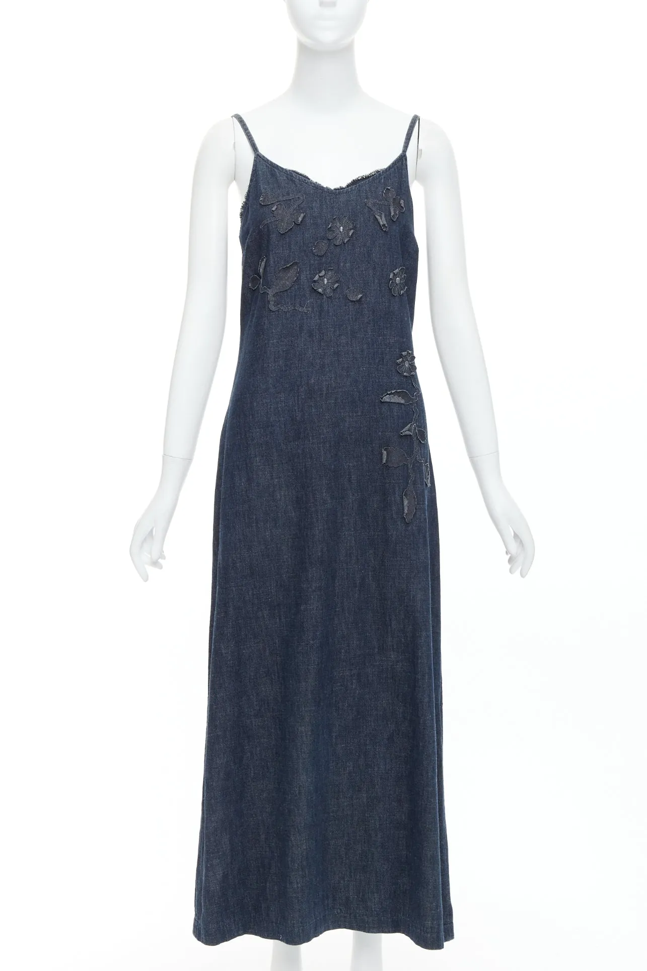 FENDI JEANS Vintage indigo  blue denim floral applique casual midi dress