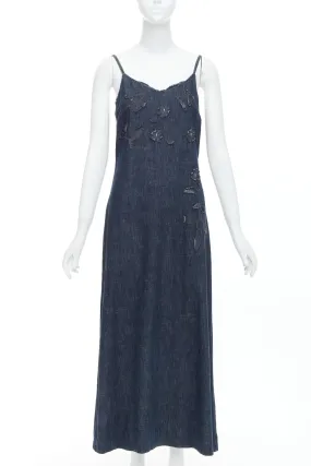 FENDI JEANS Vintage indigo  blue denim floral applique casual midi dress