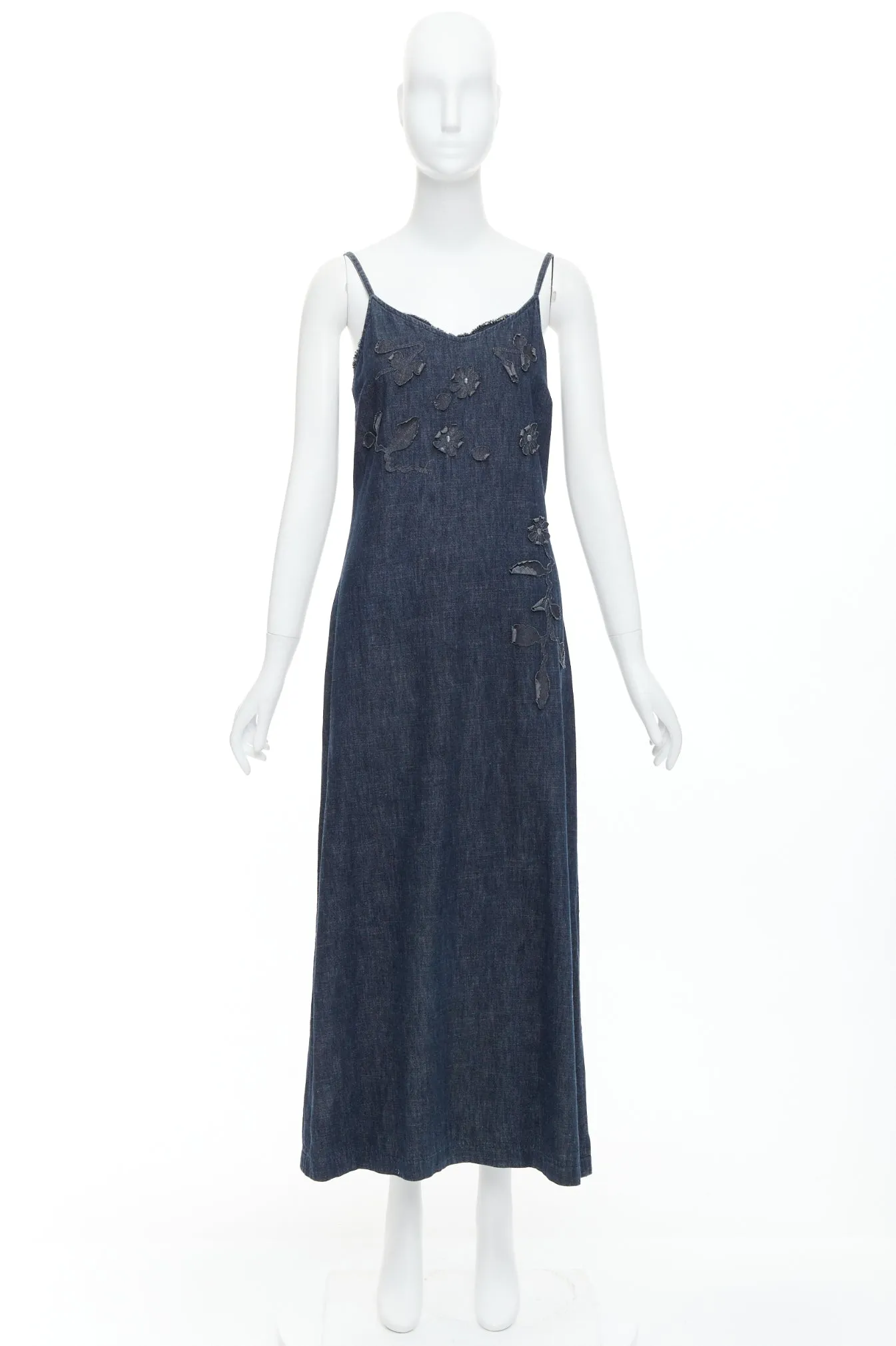 FENDI JEANS Vintage indigo  blue denim floral applique casual midi dress