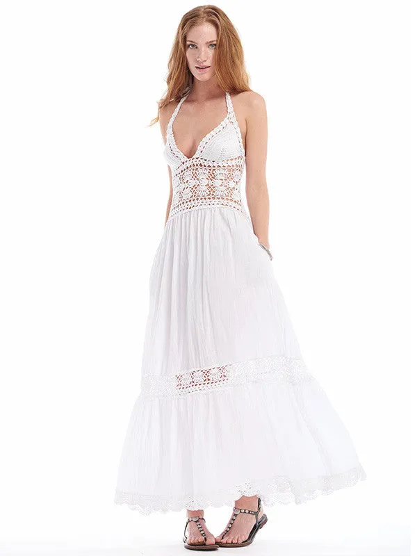 Filigree Halter Maxi Dress - White