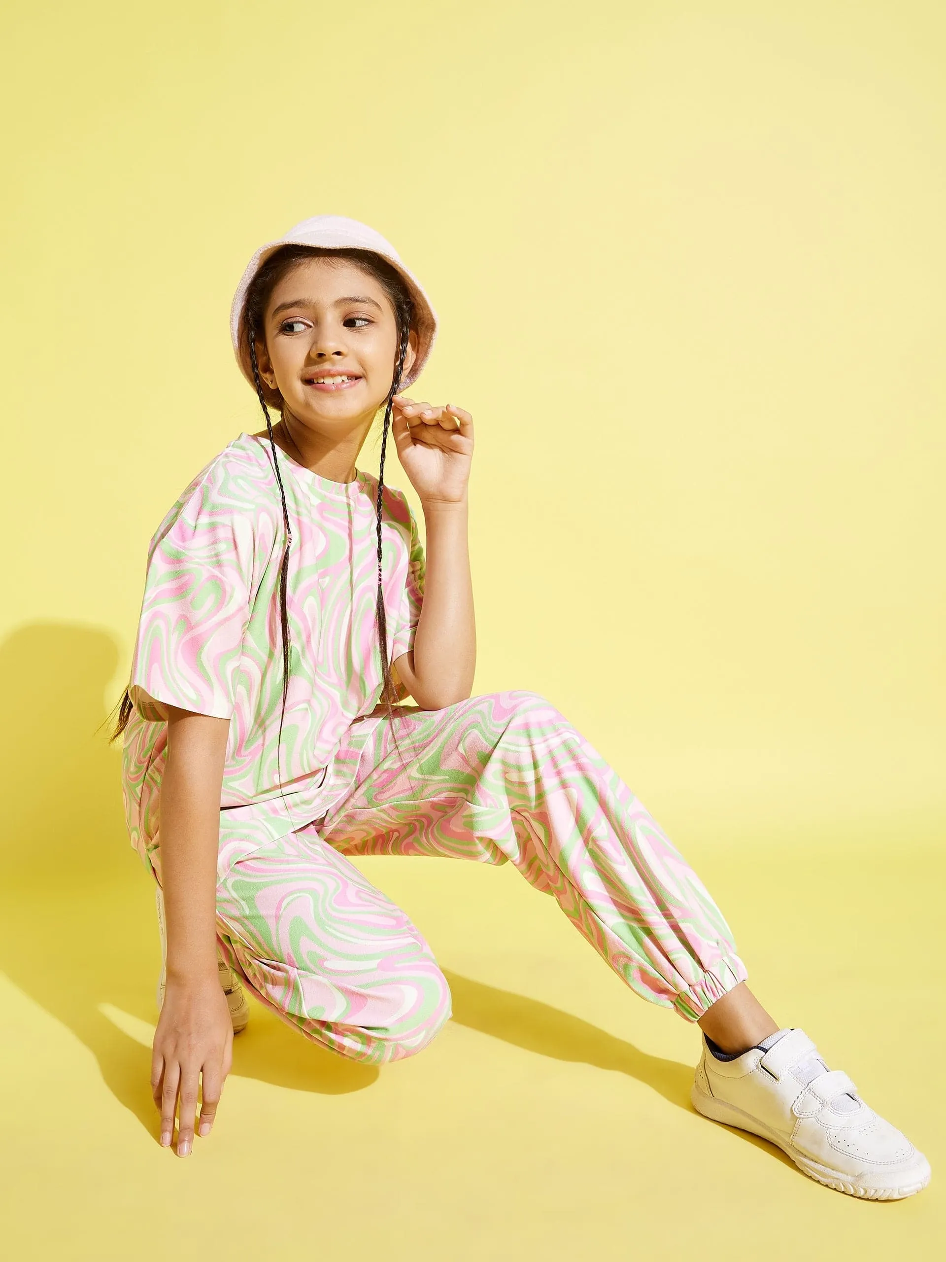 Girls Pink & Green Abstract Waves Knit Drop Shoulder Top - Lyush Kids