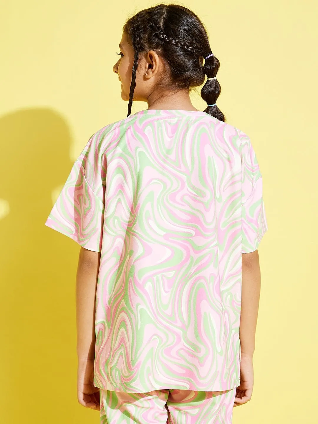 Girls Pink & Green Abstract Waves Knit Drop Shoulder Top - Lyush Kids