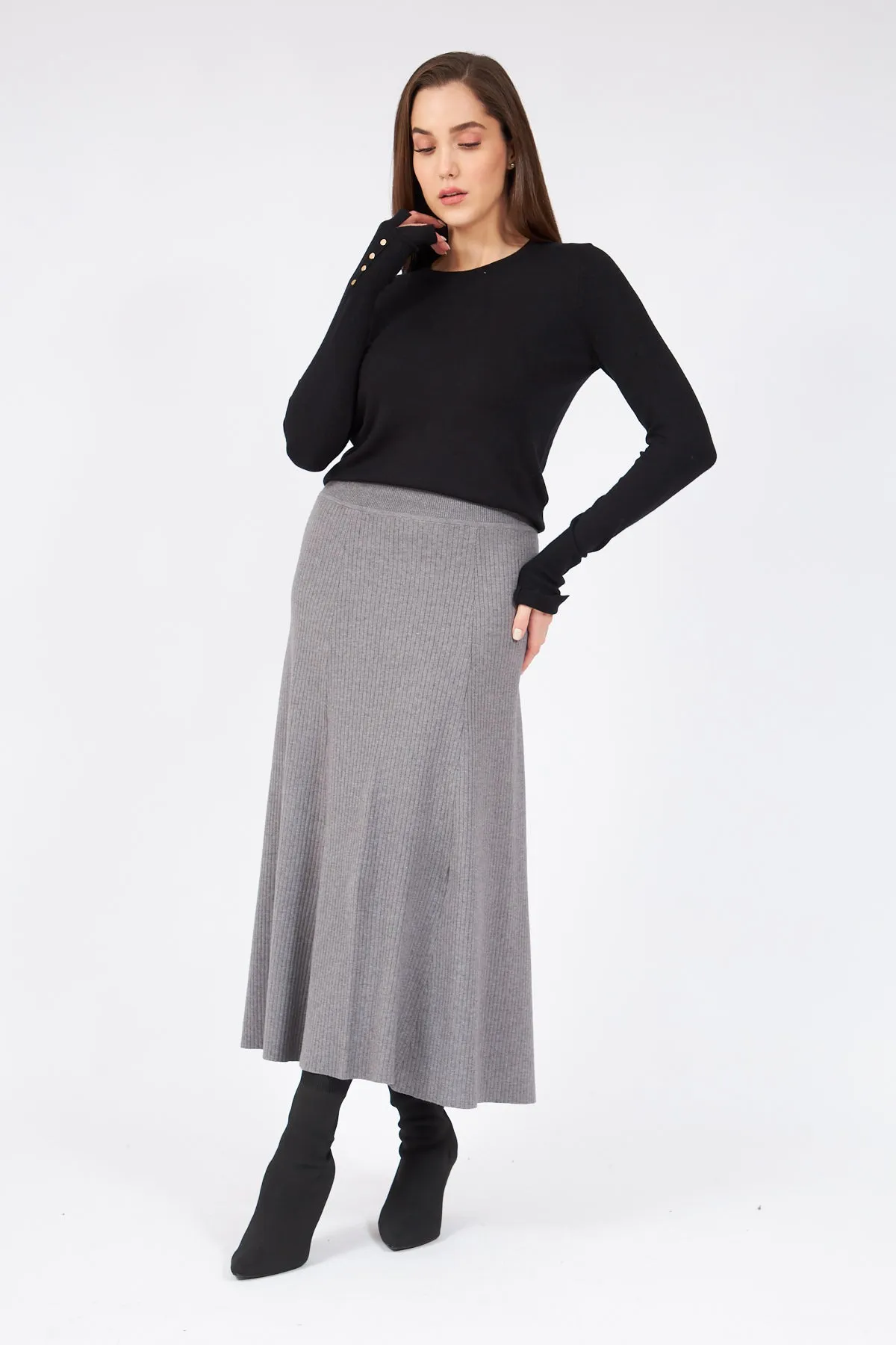 Gray Ribbed Midi Skirt
