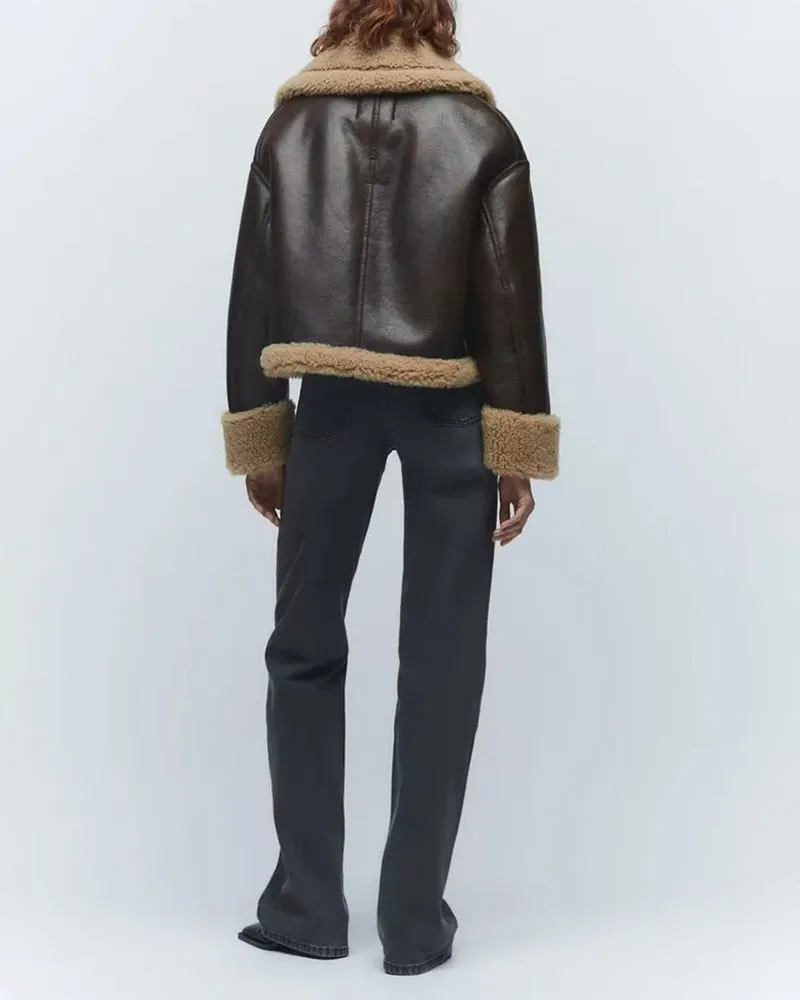 Insulated Faux Leather Jacket with Lapel Collar and Fur Sleeves