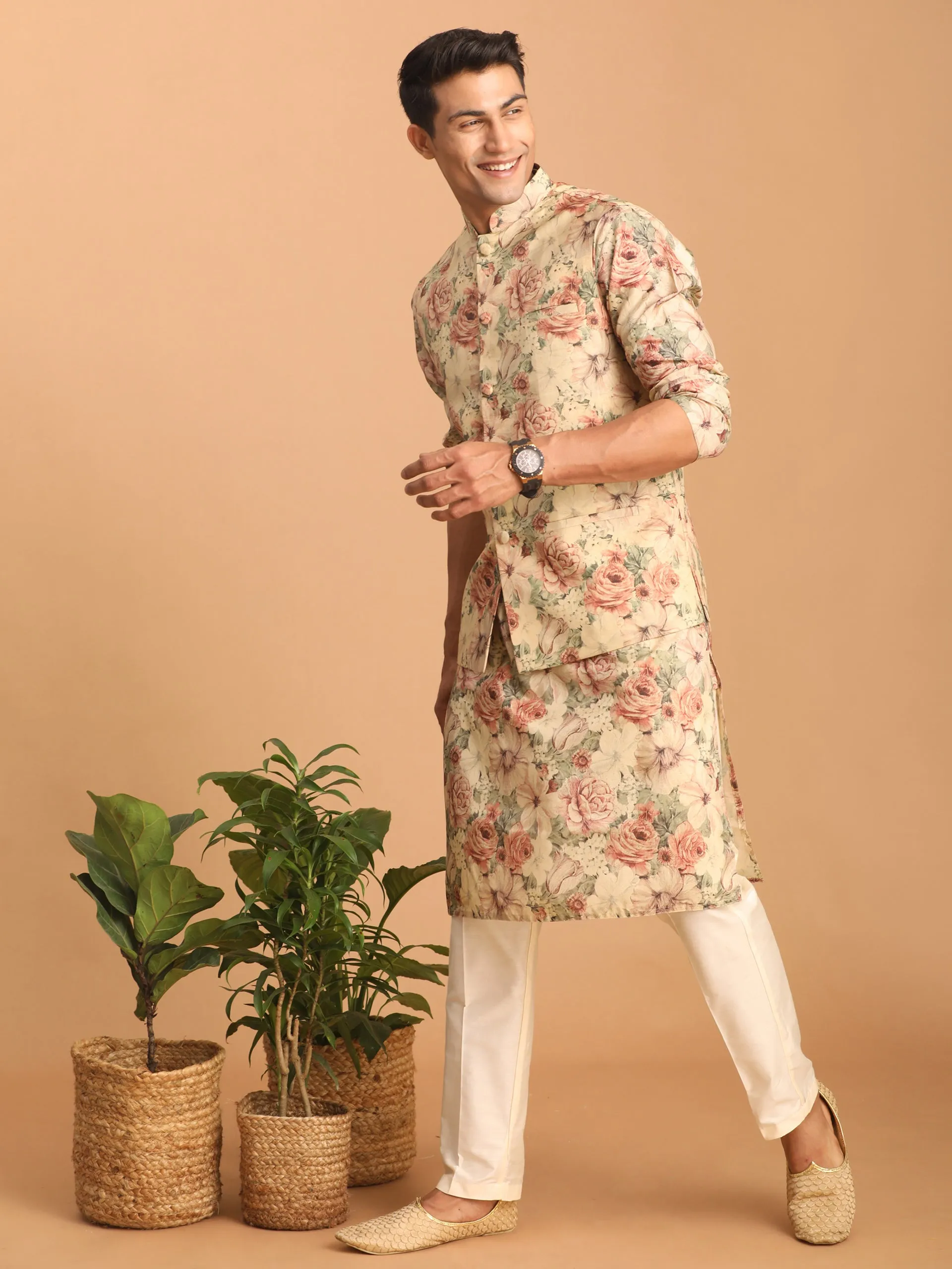 Jashvi Beige Printed Nehru Jacket And kurta With Cream Solid Viscose Pant Set