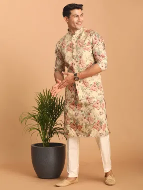 Jashvi Beige Printed Nehru Jacket And kurta With Cream Solid Viscose Pant Set