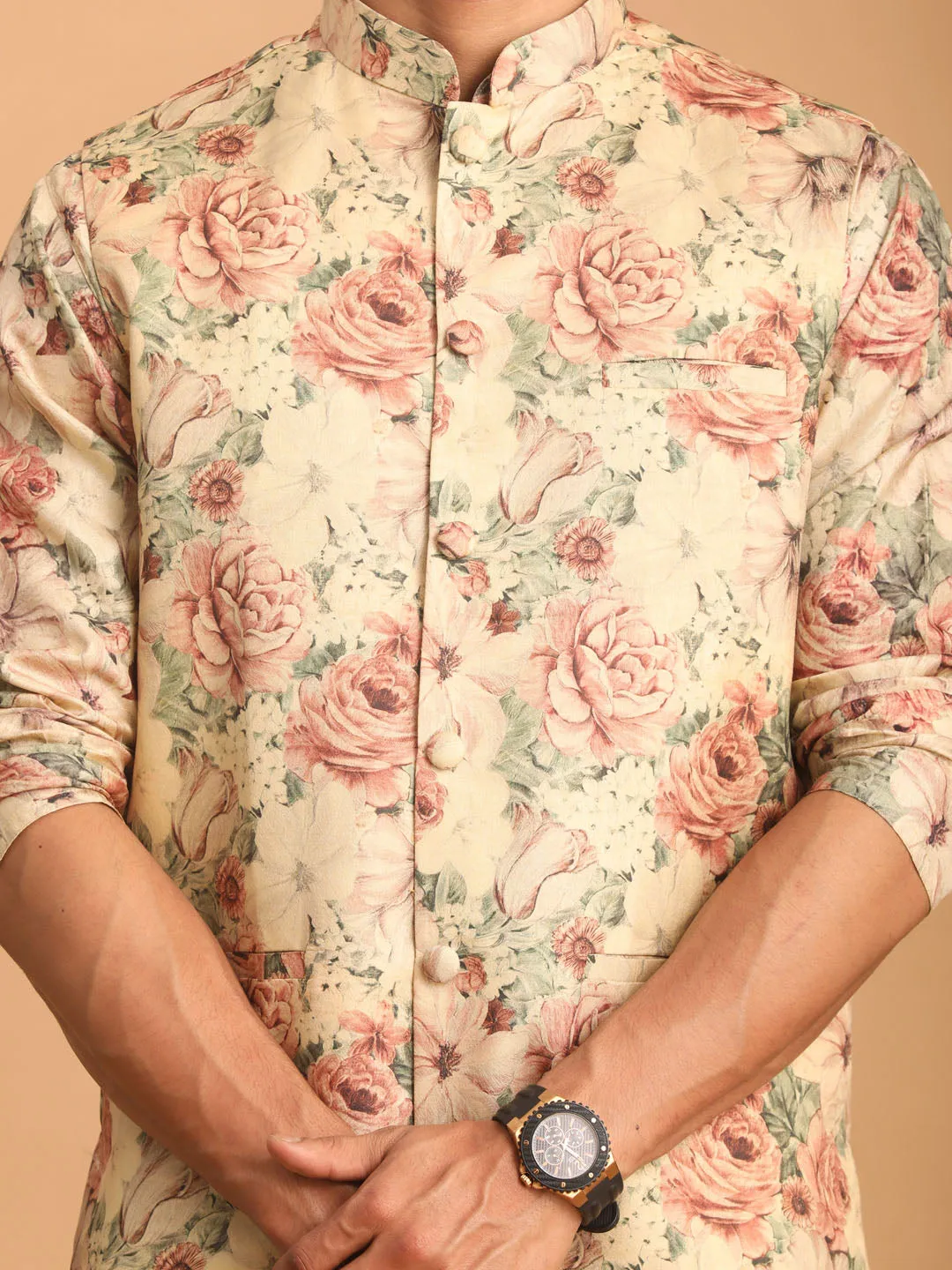 Jashvi Beige Printed Nehru Jacket And kurta With Cream Solid Viscose Pant Set
