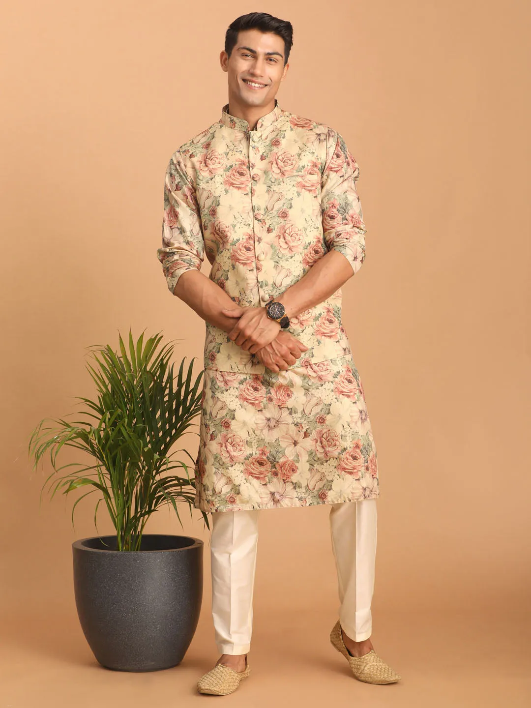 Jashvi Beige Printed Nehru Jacket And kurta With Cream Solid Viscose Pant Set