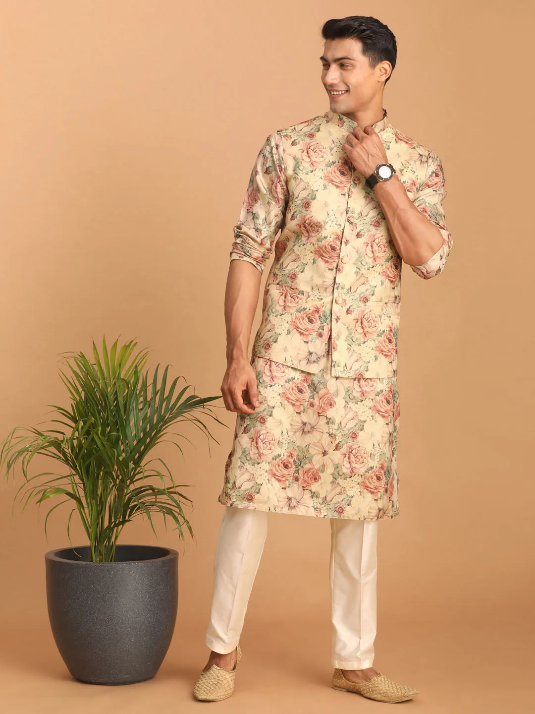 Jashvi Beige Printed Nehru Jacket And kurta With Cream Solid Viscose Pant Set