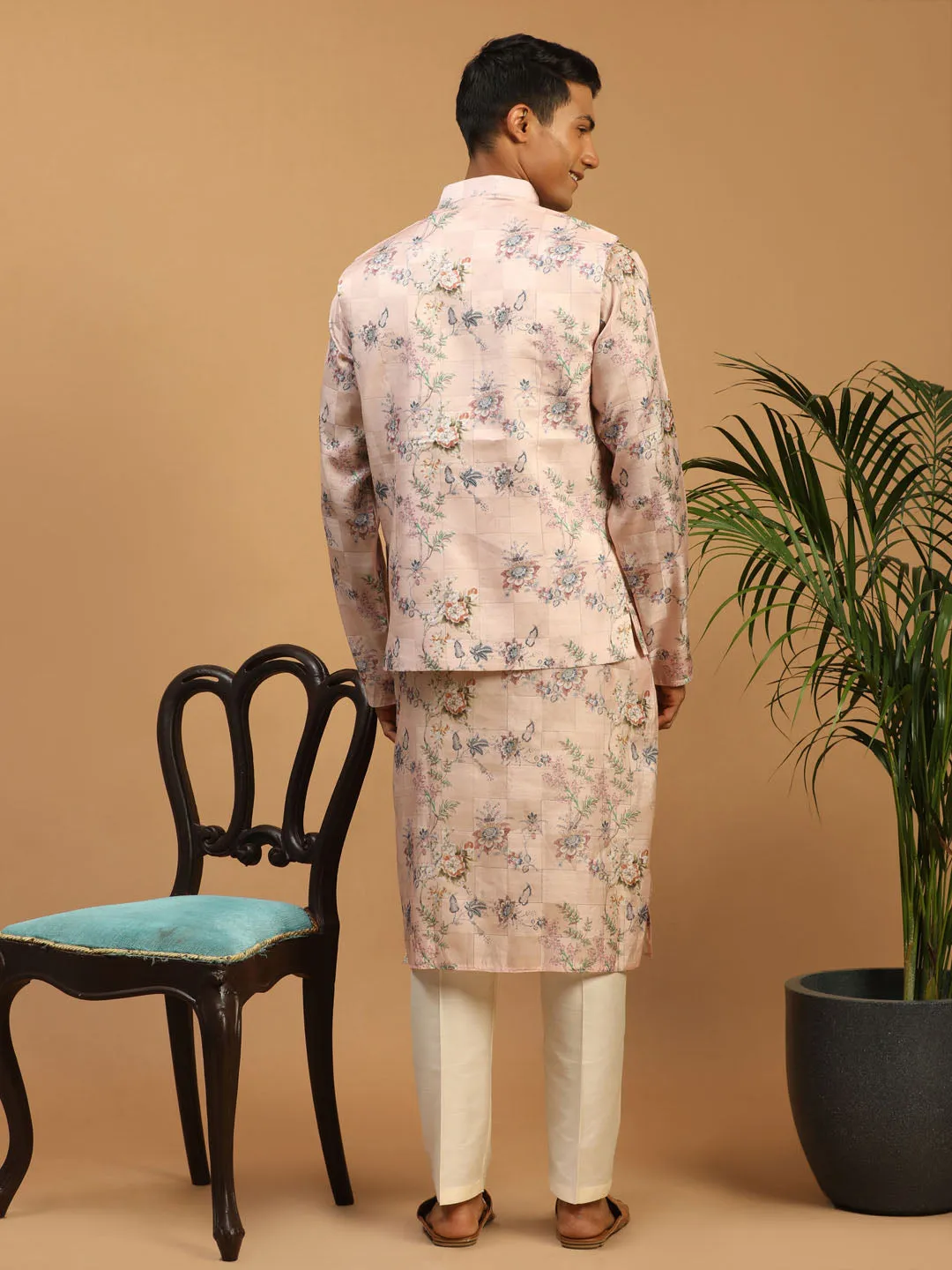 Jashvi Light Pink Floral Print Nehru Jacket And Pink Printed Kurta With Cream Viscose Pant Set
