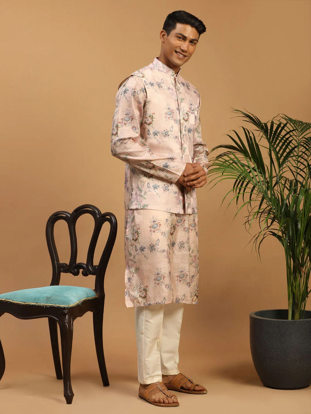Jashvi Light Pink Floral Print Nehru Jacket And Pink Printed Kurta With Cream Viscose Pant Set