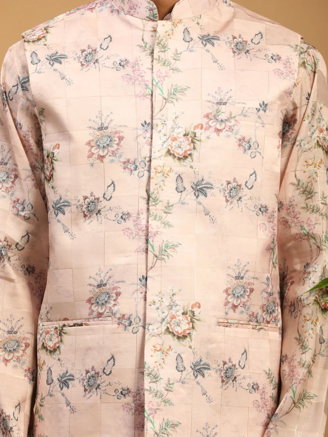 Jashvi Light Pink Floral Print Nehru Jacket And Pink Printed Kurta With Cream Viscose Pant Set