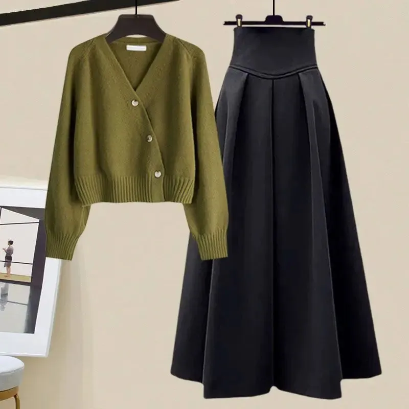 LANFUBEISI Spring Autumn Suit Women's New French Sweater Midi Skirts Outfits Knit Cardigan Knitwear High Waist Slim Skirts Two Piece Set