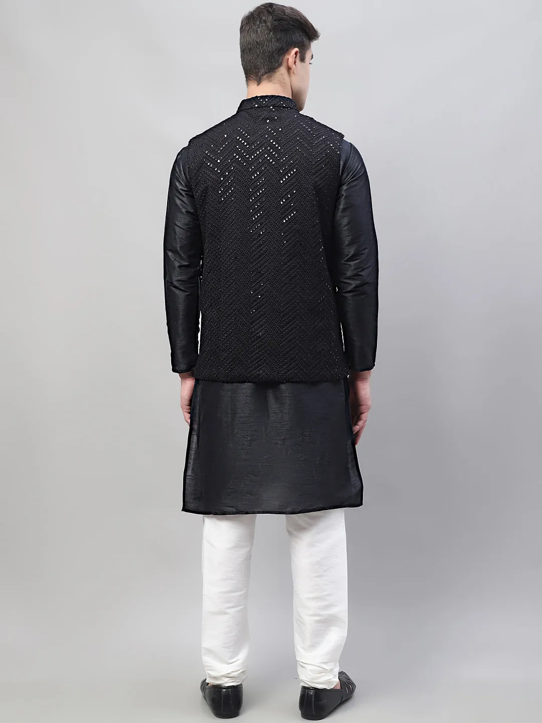 Men Black Solid Kurta Pyjama with  Black Embroidered Nehru Jacket