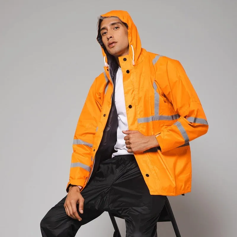 Men Rain Coat - Waterproof with Hood | Orange Jacket & Black Trouser | Size L