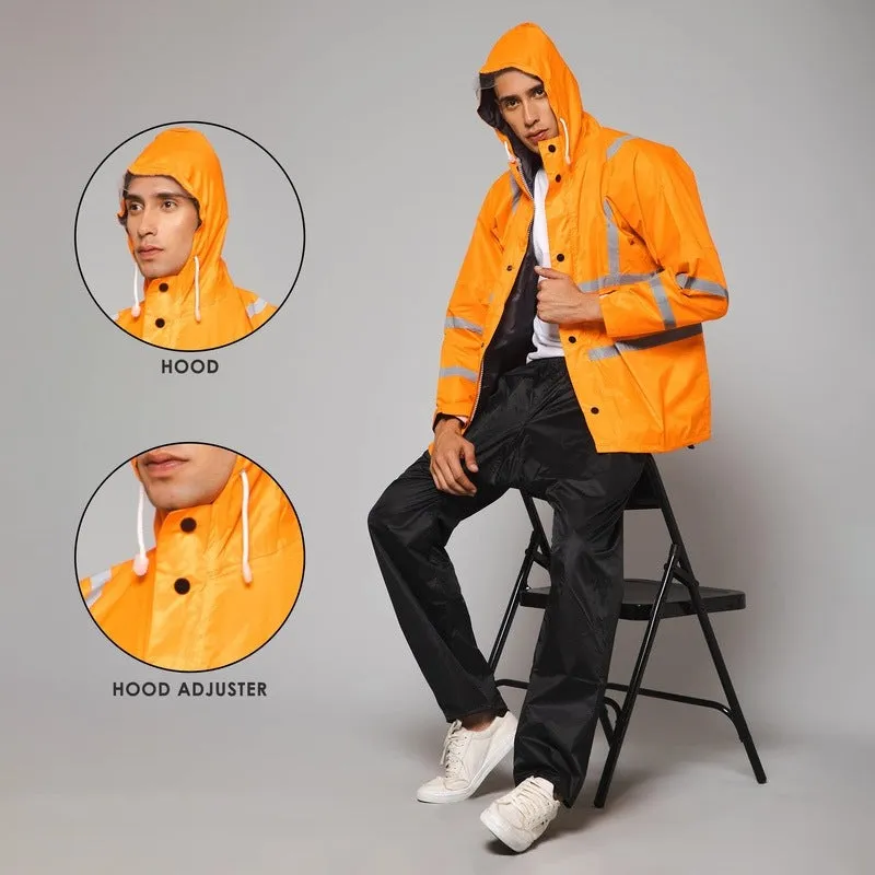 Men Rain Coat - Waterproof with Hood | Orange Jacket & Black Trouser | Size L