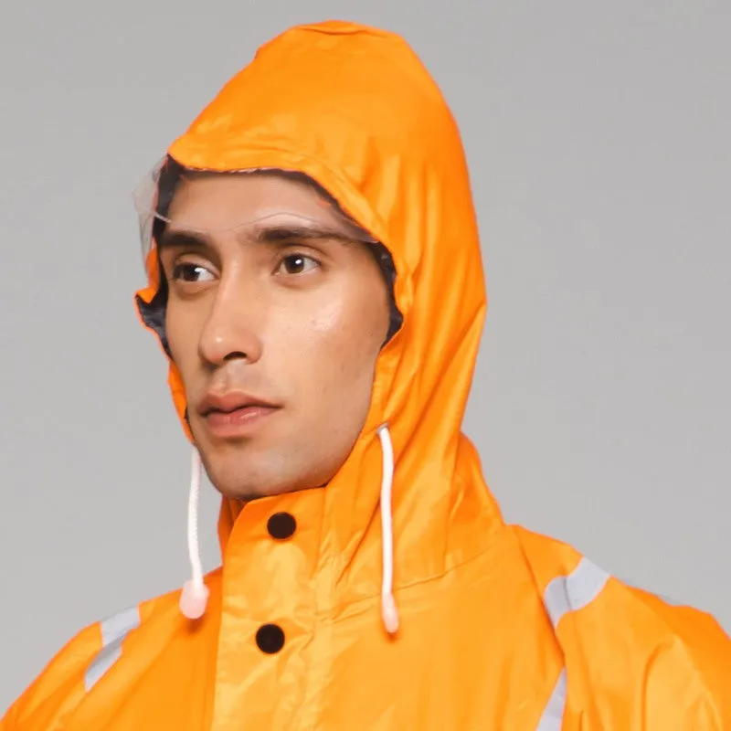 Men Rain Coat - Waterproof with Hood | Orange Jacket & Black Trouser | Size L