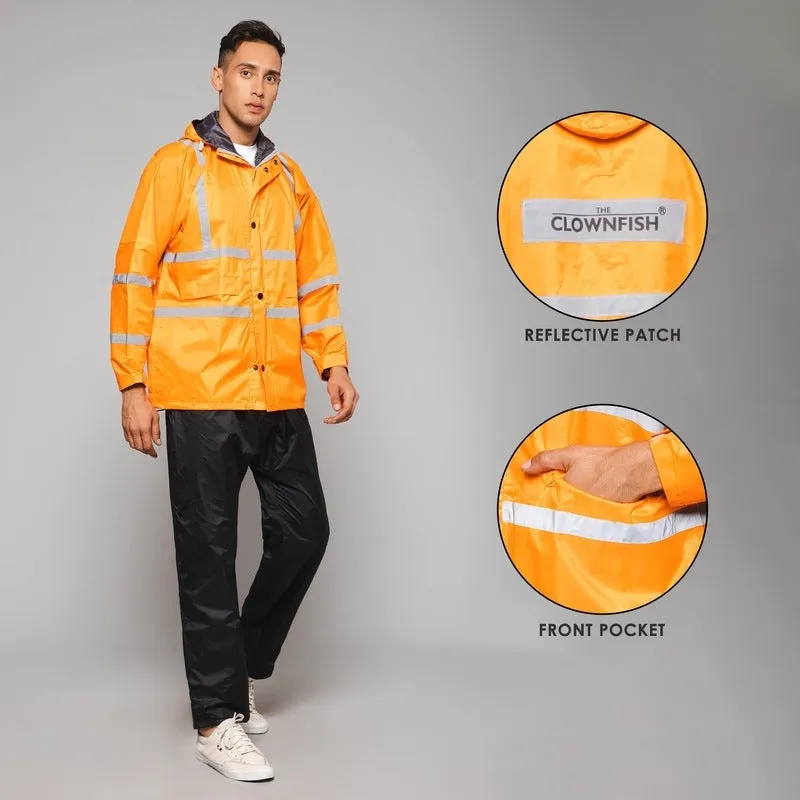 Men Rain Coat - Waterproof with Hood | Orange Jacket & Black Trouser | Size L