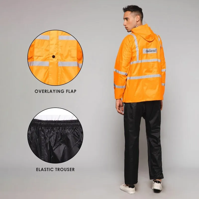 Men Rain Coat - Waterproof with Hood | Orange Jacket & Black Trouser | Size L