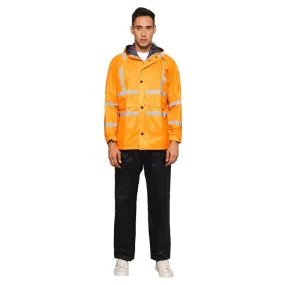 Men Rain Coat - Waterproof with Hood | Orange Jacket & Black Trouser | Size L