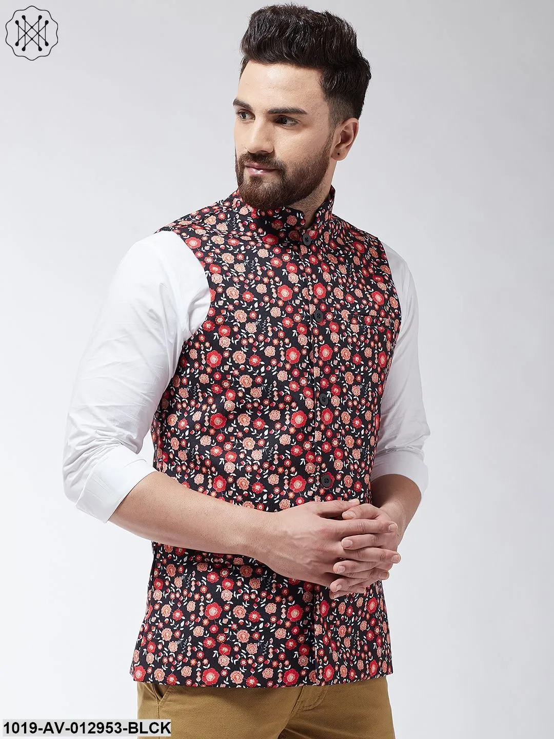 Men's Cotton Blend Black & Red Printed Nehru Jacket - Sojanya
