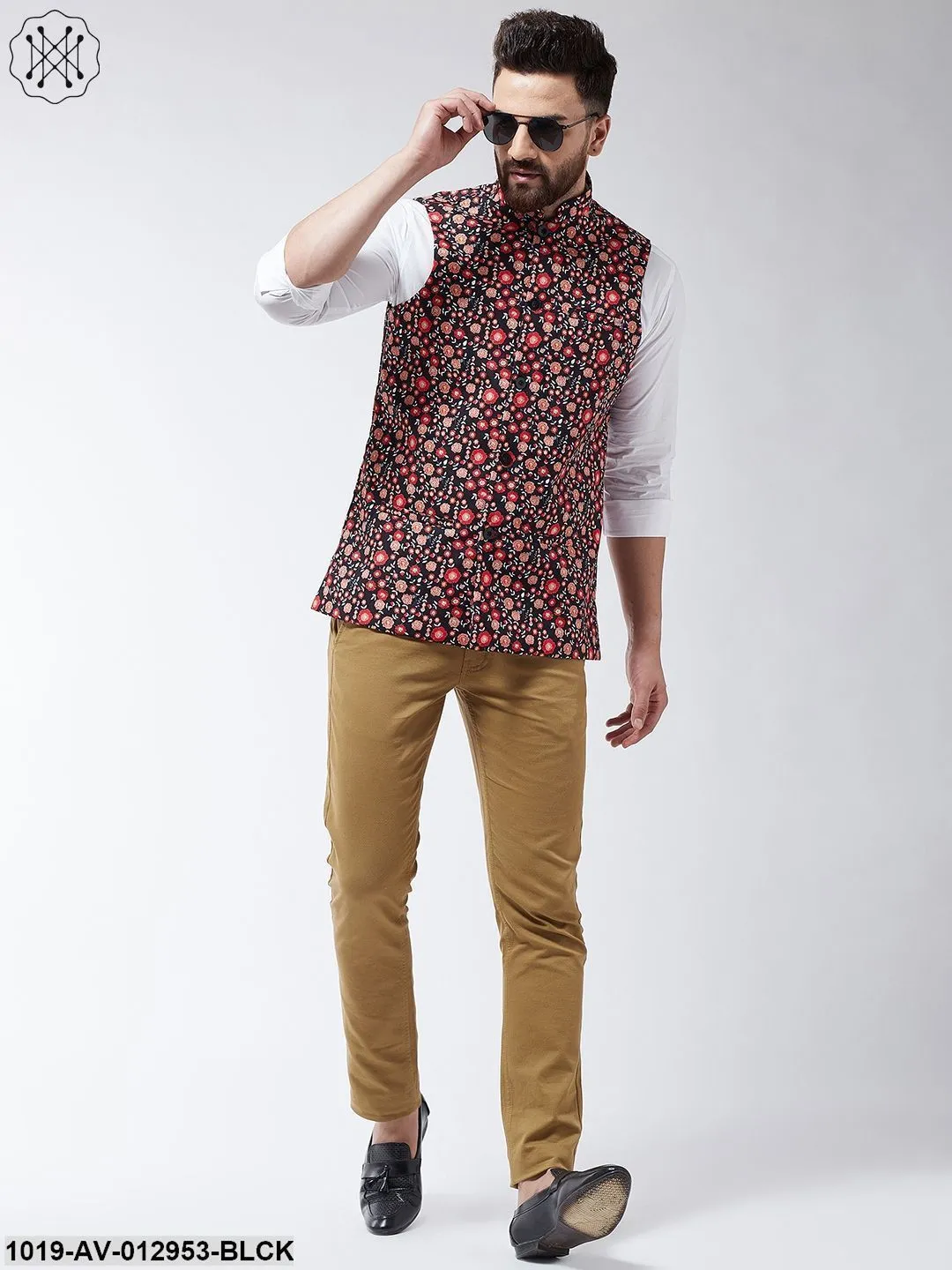 Men's Cotton Blend Black & Red Printed Nehru Jacket - Sojanya