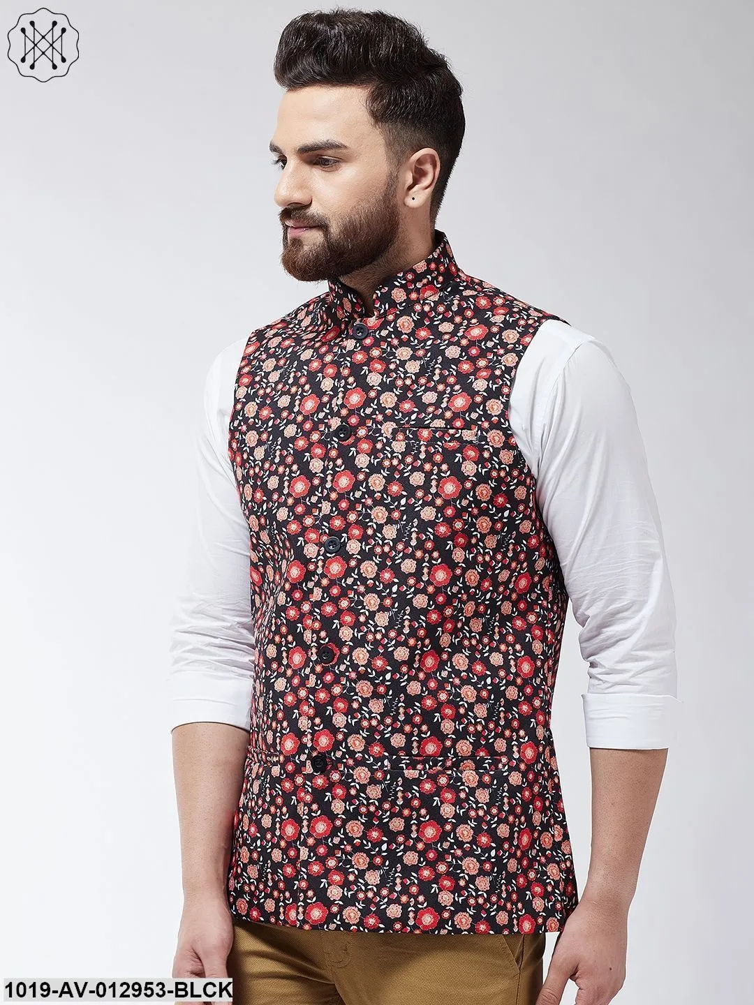 Men's Cotton Blend Black & Red Printed Nehru Jacket - Sojanya