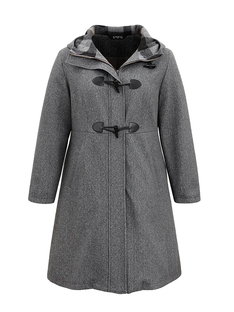Plaid Hooded Pocket Duffle Button Tunic Coat