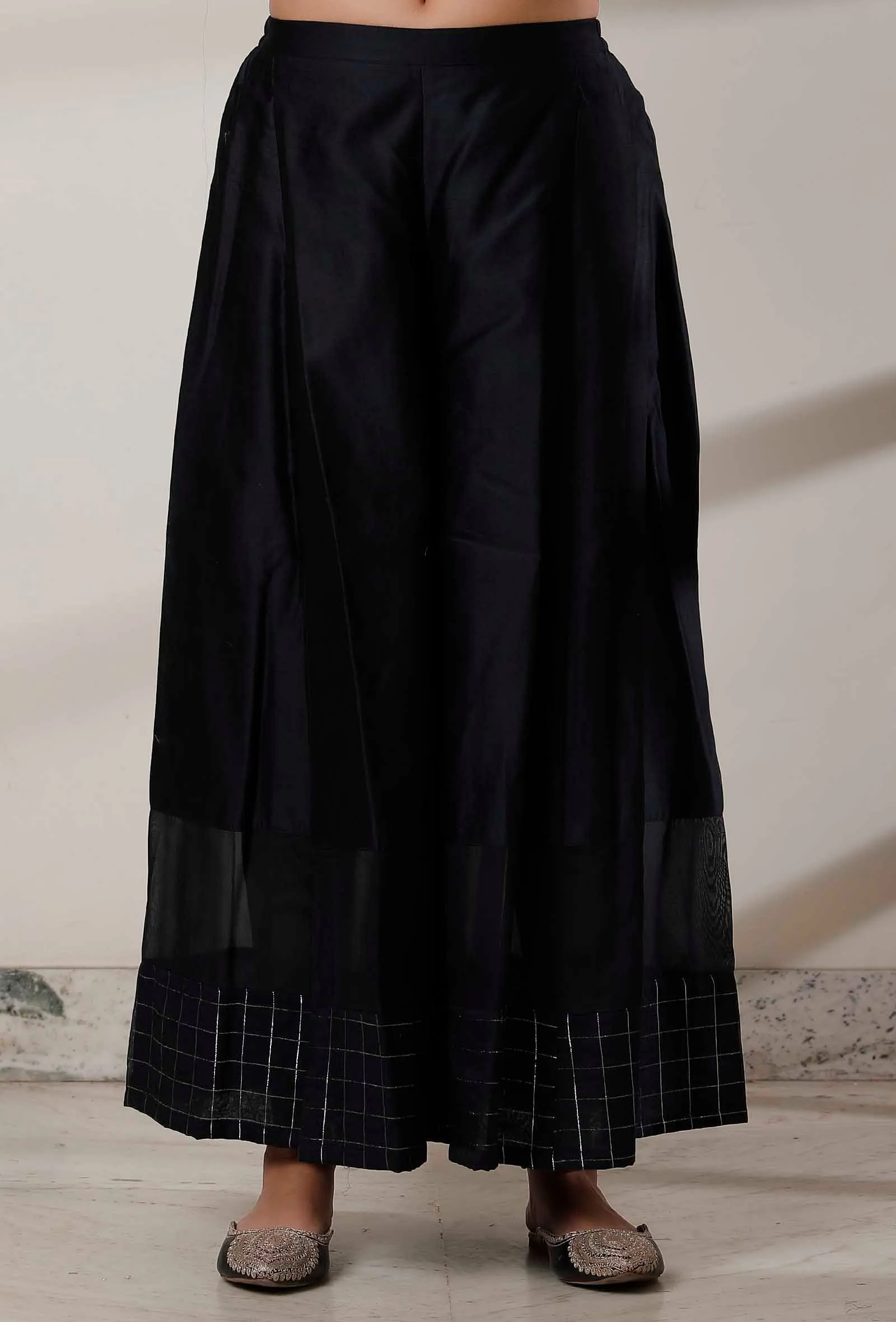 Set of 3: Black Kalidar Kurta with Palazzo with Blue Kani Dupatta